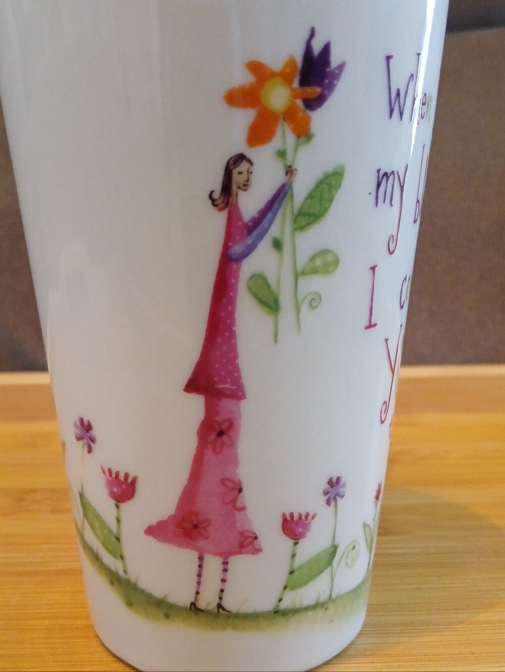 NATURAL LIFE Pink Floral Woman Ceramic Cup with Whimsical Illustration